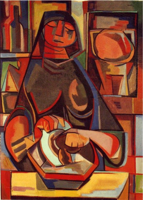 «Oh mulher das mãos gretadas», óleo s/ tela; 94 x 69, 1950, col. particular. Exposto na VI EGAP (1951) com o título «Mulher a lavar a louça»; exposto Galeria Nasoni (1989).