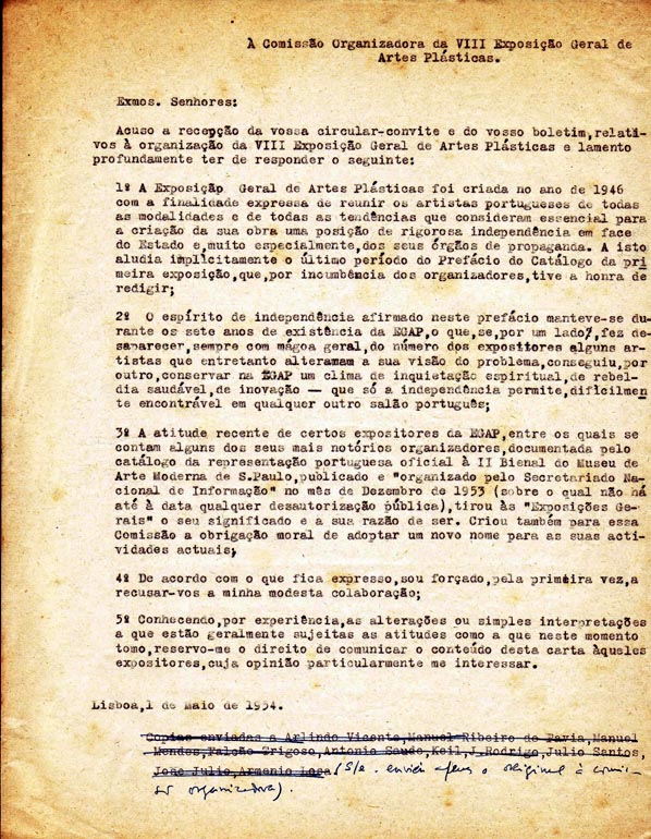 carta à Comissão Organizadora da VIII Exposição Geral de Artes Plásticas, 1. Mai. 1954