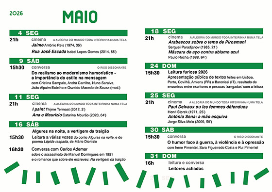 Cartaz da programação do mês de Maio 2026