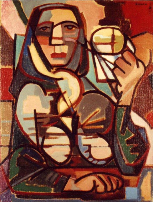 «Mulher à mesa», óleo s/ tela; 64 x 49, 1952, col. particular. Exposto no Lobito (3 vezes), na exposição «Conflito e Unidade da Arte Contemporânea» (Almada, 1992), na Abril em Maio (2001), em Vila Franca de Xira («Um tempo, um lugar», 2005).