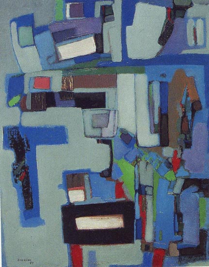 «Decorativamente», óleo s/ platex, 46,5 x 35,5, 1987, col. particular. Exposto na Galeria Nasoni (1989)