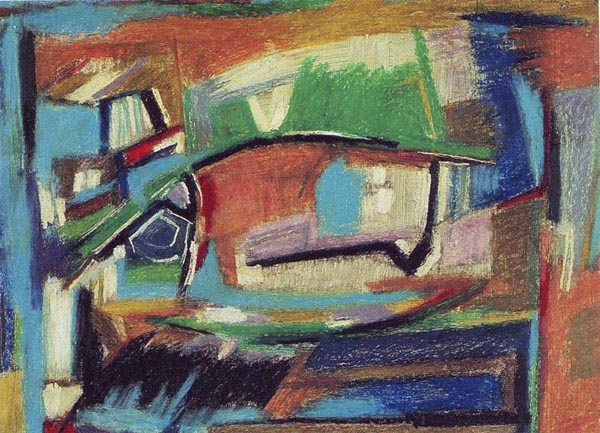 «Entre o peixe e o touro», pastel-óleo s/ cartolina, 37 x 31, 1988, col. particular. Exposto na Galeria Nasoni (1989).