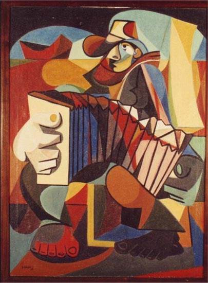 O Músico, tinta de esmalte s/ tela; 130 x 97, col. Berardo. Exposto na III EGAP (1948), na Galeria Nasoni (1989).