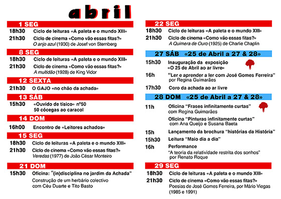Cartaz da programação do mês de Abril 2024