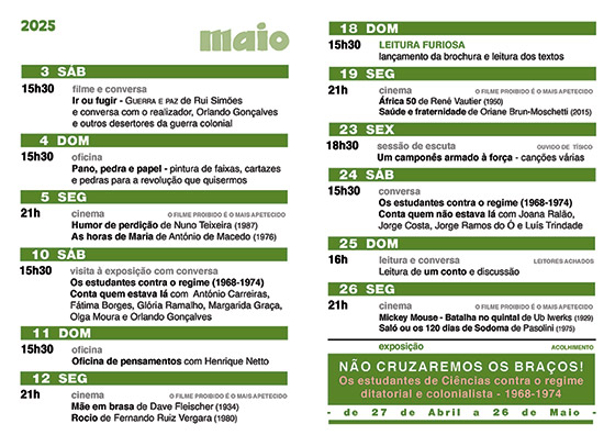 Cartaz da programação do mês de Maio 2025