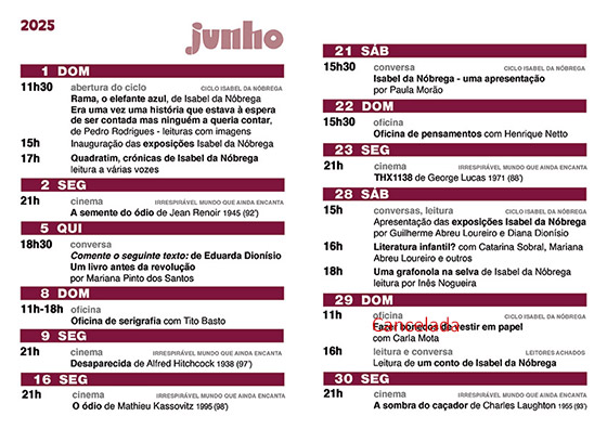 Cartaz da programação do mês de Junho 2025