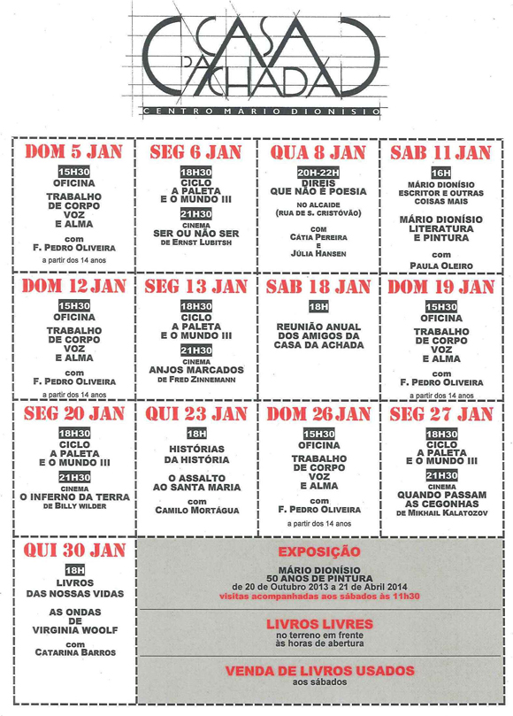 Cartaz da programação do mês de Janeiro de 2014